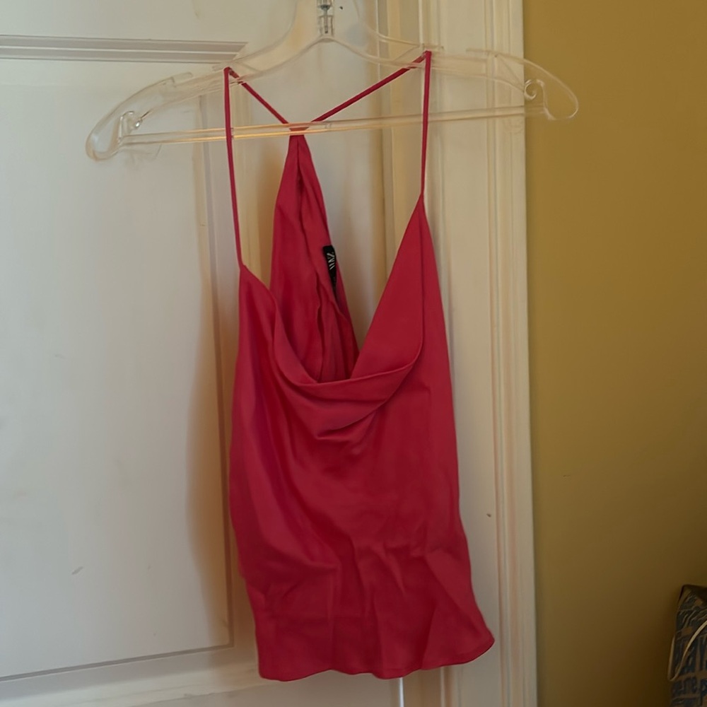 Pink Zara cowl-neck top with open back